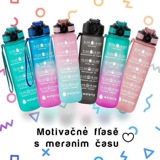Motivačné fľaše Waterly so slovenskými nápismi v šiestich farbách