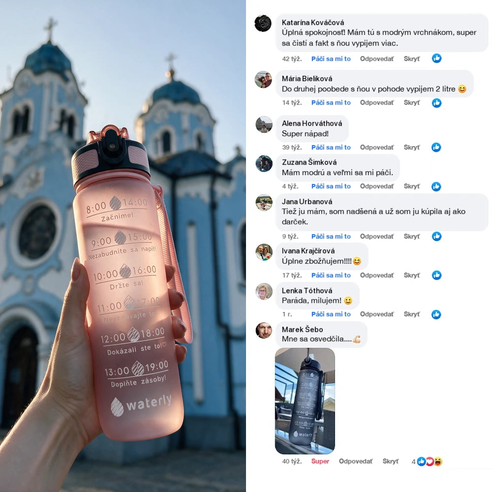 Recenzie zákazníkov na Facebooku o motivačnej fľaši Waterly